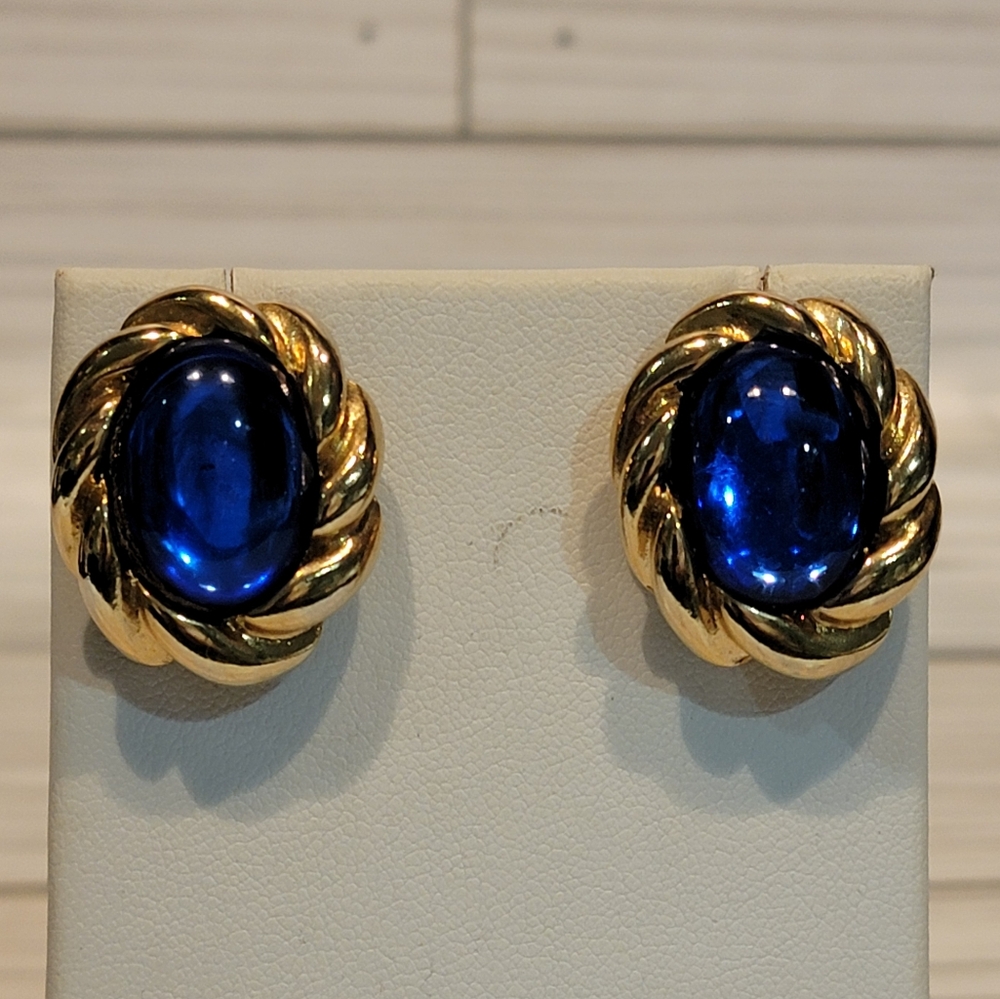 Vintage KJL Kenneth Jay Lane Cobalt Blue Cabochon Gold Tone Pierced Earrings